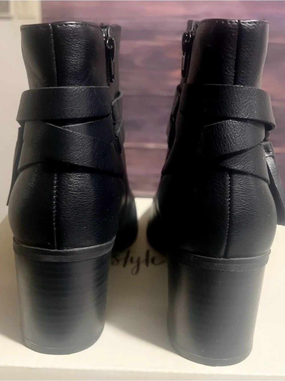 Style & Co. Black Tassel Strap Block Heel Ankle Boots